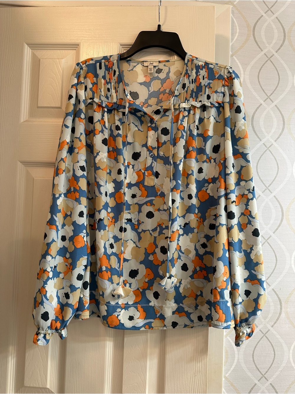 Joie Floral Tie-Front Blouse in Blue, Orange & Cream
